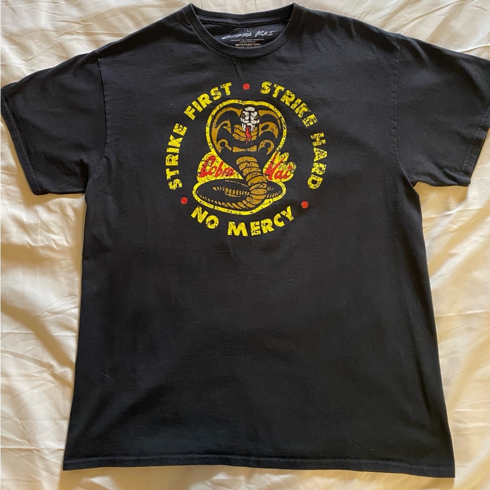 Black Cobra Kai Graphic T-Shirt Strike First Strike Hard No Mercy Adult L